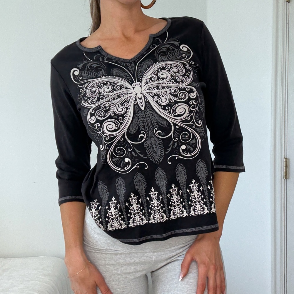 Y2K Blue Canton Black and White Butterfly 3/4 Sleeve Top